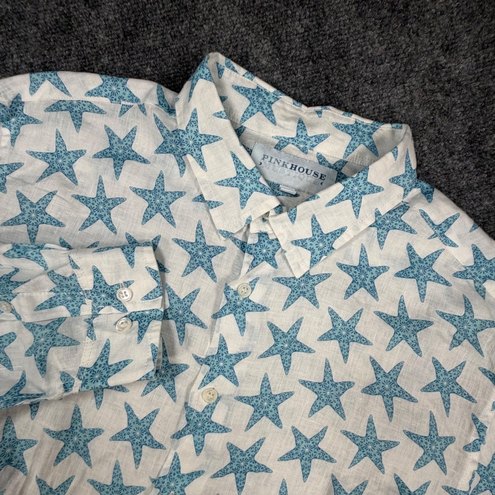 Pink House Mustique Mens L Linen Starfish Print Button Down Shirt White Blue 576